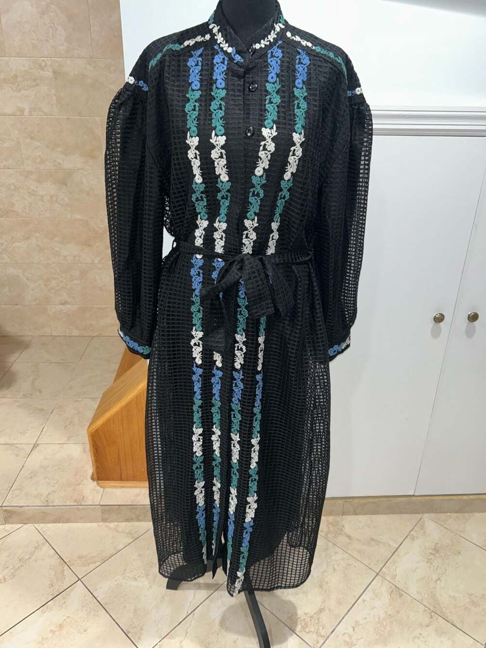Gavano Quality Black Sheer Long Sleeve Embroidered Maxi Dress With Belt Size 46